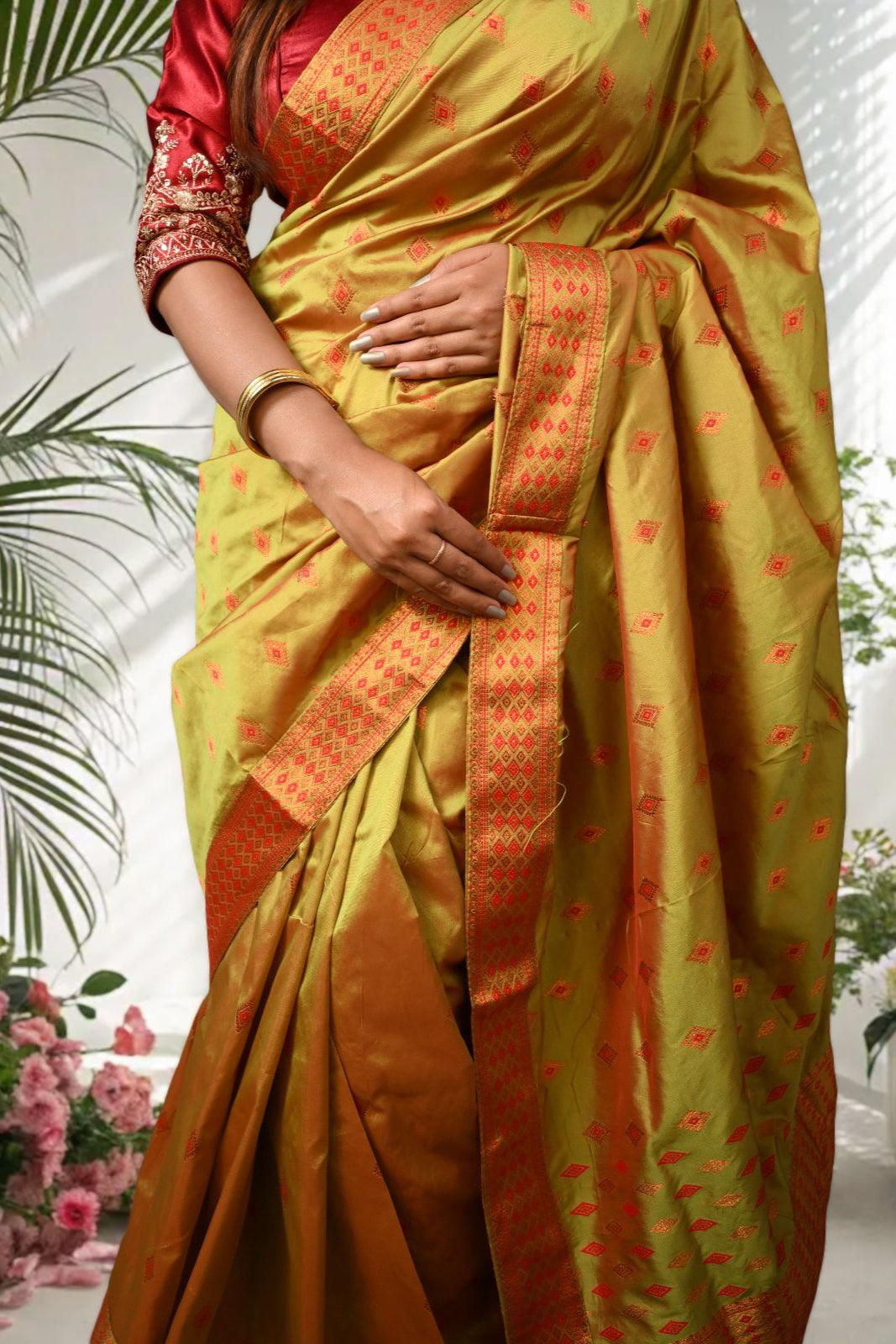 Assam Golden & Red Handmade Mix Pat Silk Mix Saree